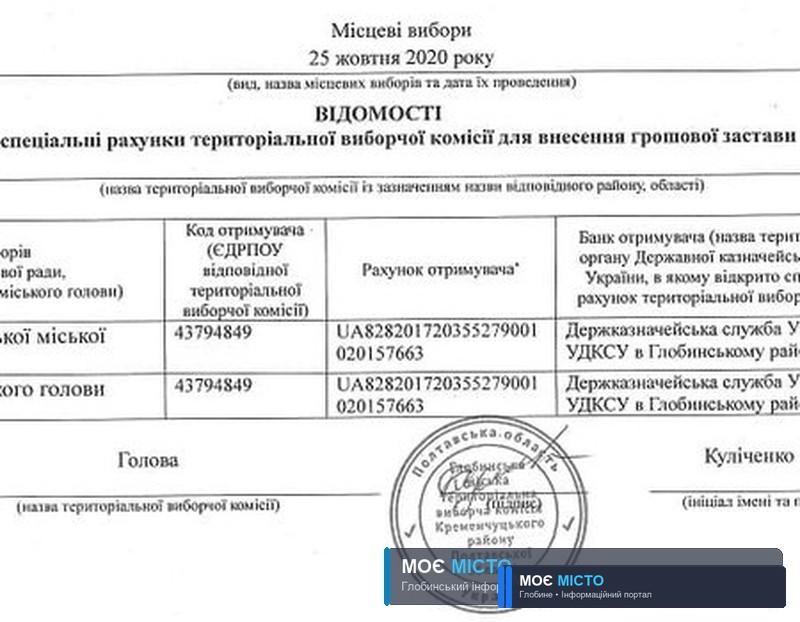 РЕКВІЗИТИ РАХУНКУ ДЛЯ ВНЕСЕННЯ ГРОШОВОЇ ЗАСТАВИ ДЛЯ РЕЄСТРАЦІЇ КАНДИДАТІВ У ДЕПУТАТИ ТА НА ПОСАДУ МІСЬКОГО ГОЛОВИ